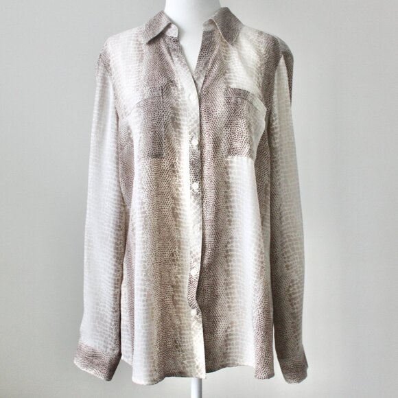 NY Collection Tan Snakeskin Print Button-Up Long-Sleeve Collared Blouse Medium - Picture 1 of 7
